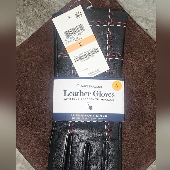 NWT Touchscreen Charter Club Black Lambs Leather Gloves with Stitching Detail - Picture 11 of 12
